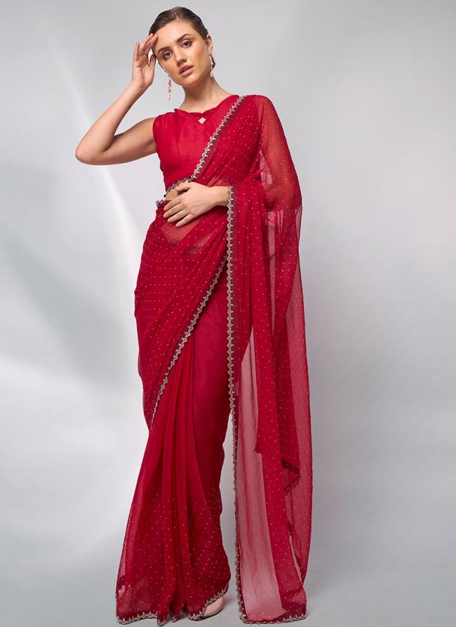 Moss Red Ceremonial Wear Swarovski Work Saree